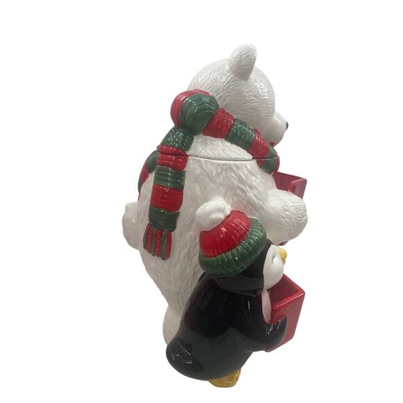 Vintage Caroling Polar Bear & Penguin Christmas Cookie Jar Ceramic W/Box CELLAR - Picture 15 of 16